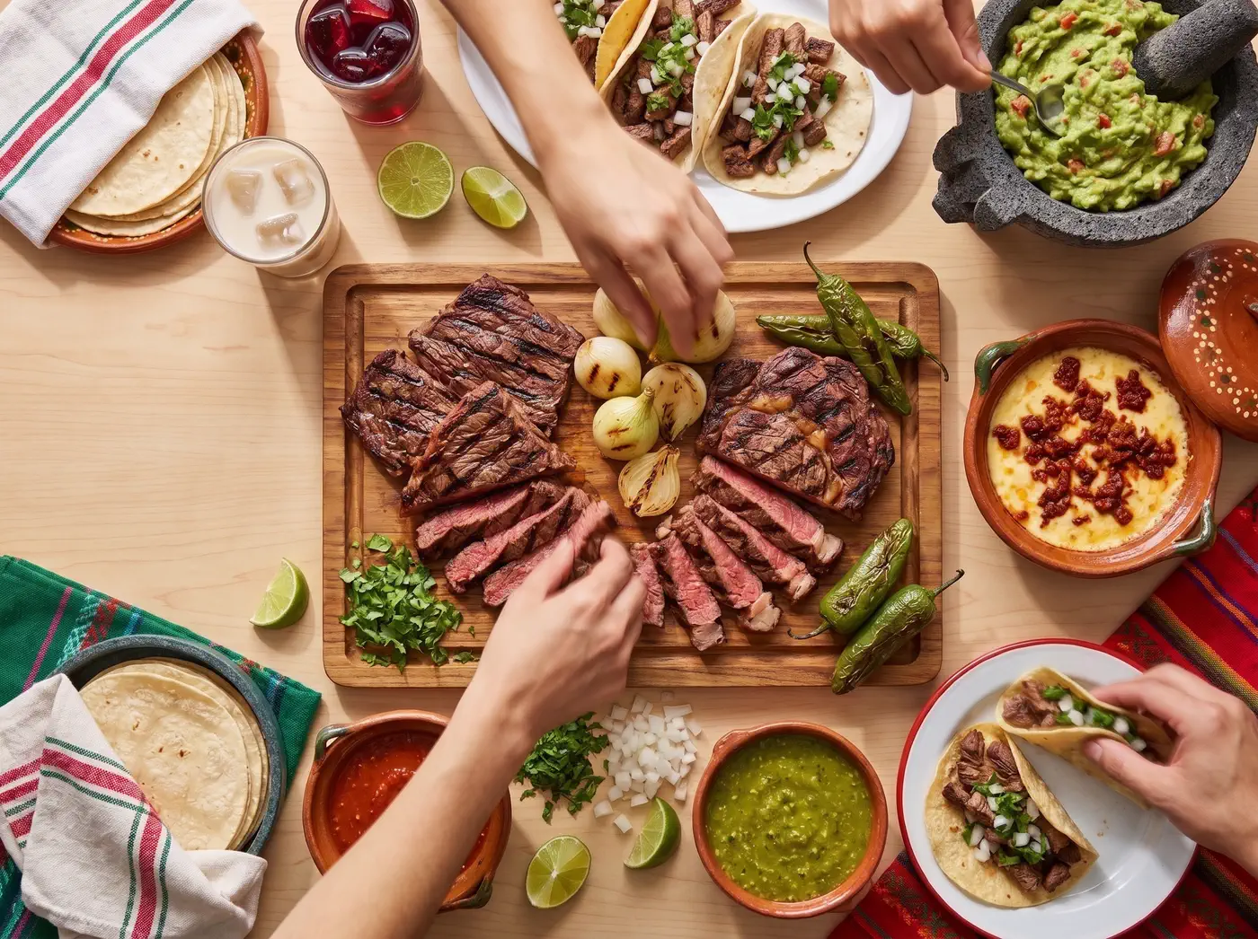 Mesa con arrachera en tabla, tacos, guacamole y salsas, con varias manos sirviéndose